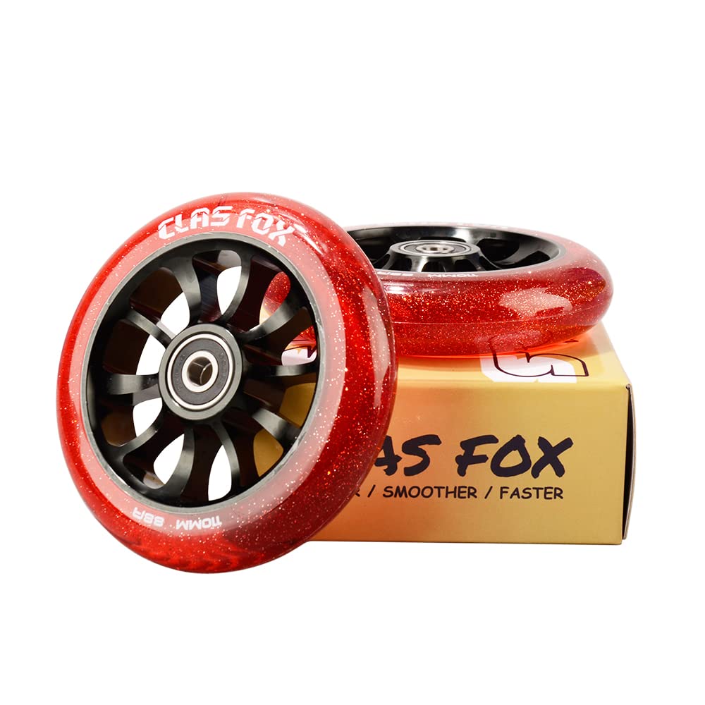 CLAS FOX Pro Stunt Scooter Wheels Roller Wheels 110mm A Pair with ABEC-9 Bearings CNC Metal Core (2 pieces) (Transparent Red)