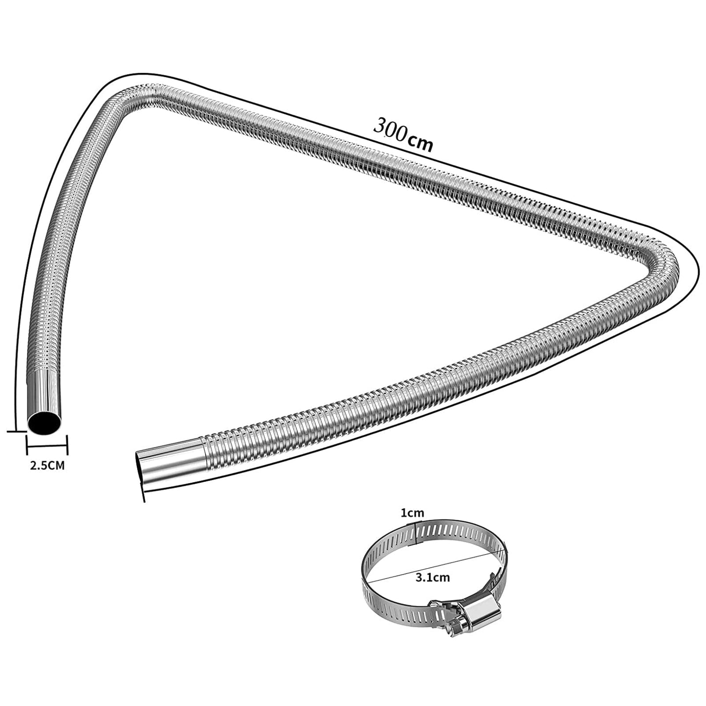 Exhaust hose for power generators, Cakapapo 300CM car stainless steel exhaust pipe, with two stainless steel clamps for diesel heaters
