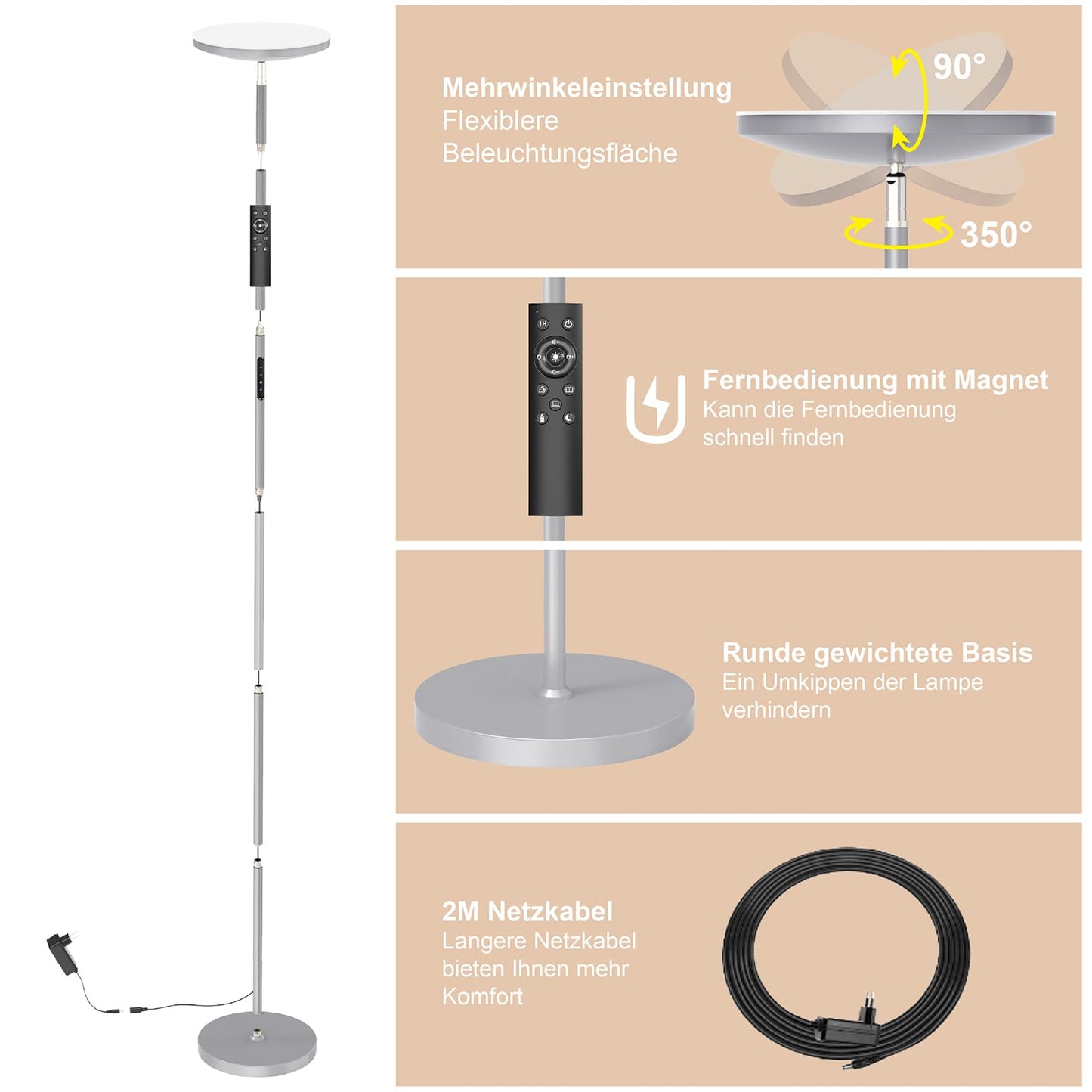Anten LED floor lamp 30W, dimmable with 4 color temperatures, industrial standing lamp with touch & remote control, suitable for living room, bedroom, gray.