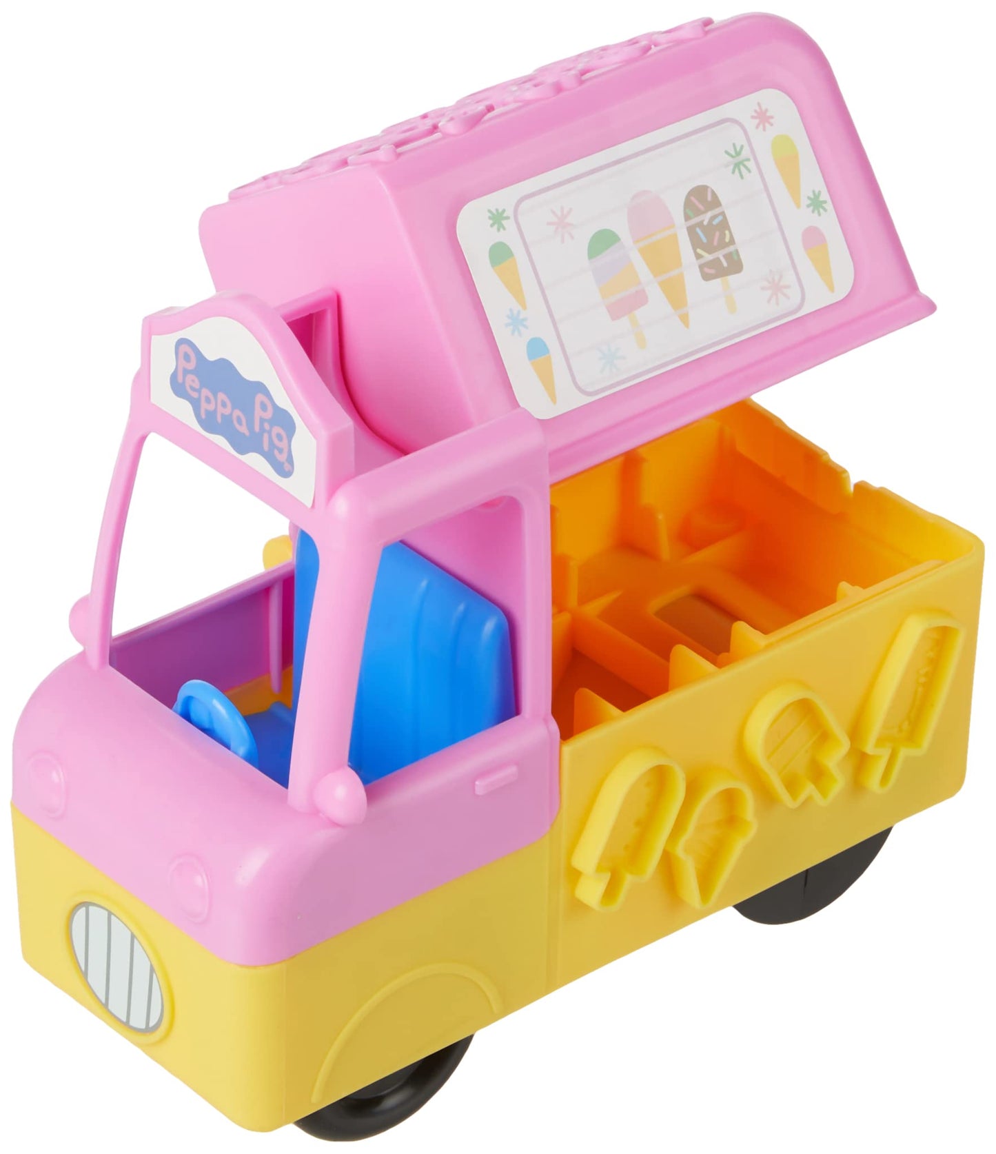 Play-Doh Peppa's Ice Cream Truck Craft Set includes 3 x 56g cans and 2 x 28g cans of modeling compound, Peppa and George figures, and various accessories and molds. Creative fun for kids ages 3 and up.