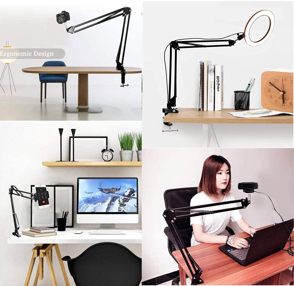 Overhead stand for camera webcam ring light, flexible overhead arm for iPhone with phone holder, table stand accessory for phone video recording live stream.