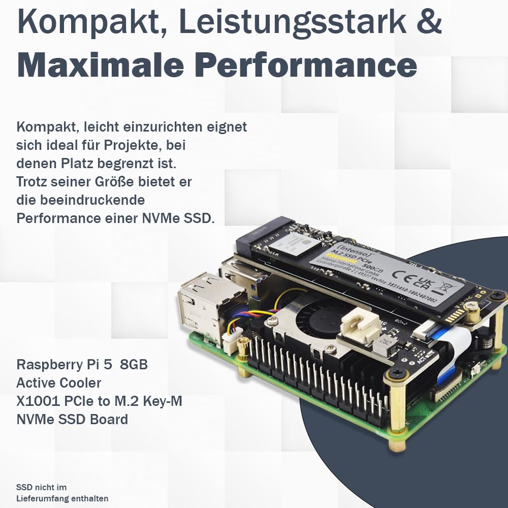 Raspberry Pi 5 8GB PCIe M.2 NVMe - Kit | Metal case | Active cooler | M.2 NVMe SSD PCIe board | USB-C 27W power supply | Ultra 64GB SD card | 4K Micro HDMI cable