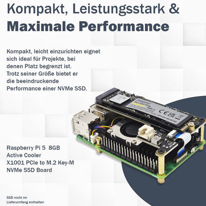 Raspberry Pi 5 8GB PCIe M.2 NVMe - Kit | Metal case | Active cooler | M.2 NVMe SSD PCIe board | USB-C 27W power supply | Ultra 64GB SD card | 4K Micro HDMI cable