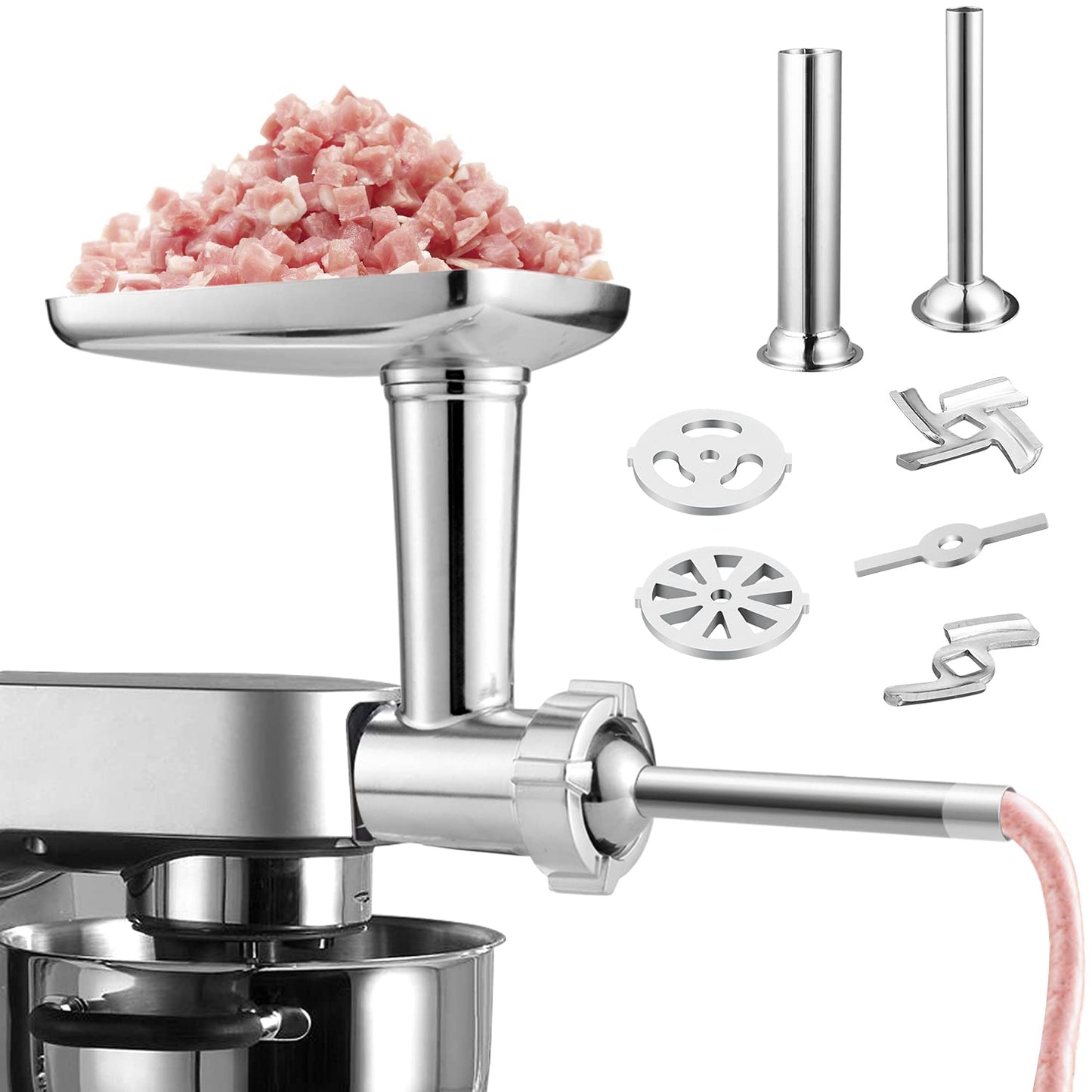 Gdrtwwh Meat Grinder Attachment suitable for all Kenwood Chef and kMix Kitchen Machines, with 2 sausage filling tubes and 4 grinding discs.