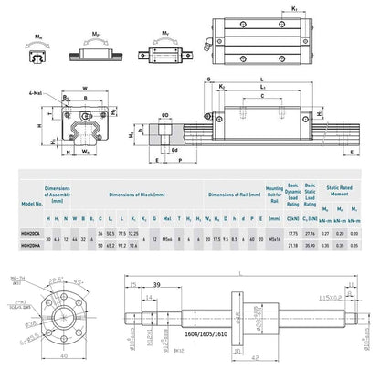 CNCMANS Linear Guide Set includes 2PCS HGR20 800mm linear rail with 4PCS sliding blocks + 1PCS SFU1605 800mm ball screw with ball nut, BF/BK12 end support, coupling, nut housing.