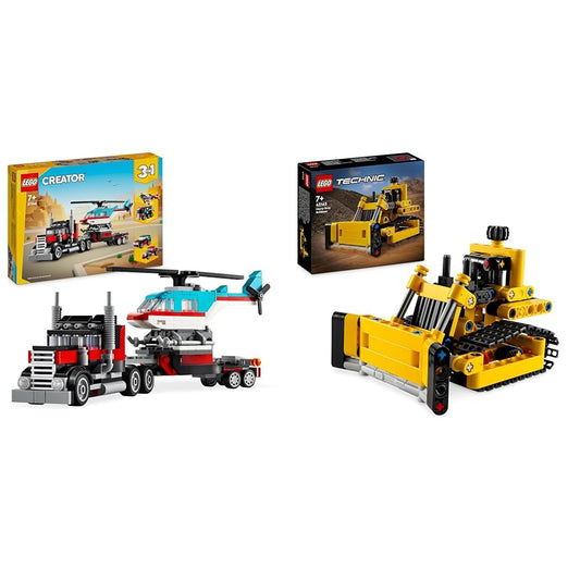 LEGO Creator 3in1 Low Loader with Helicopter, Vehicle Set & Technic Heavy Duty Bulldozer, Toy Bulldozer for Building