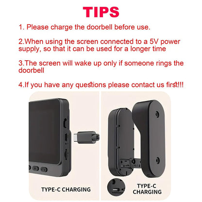 Wireless video doorbell with camera outdoor IP65 waterproof 1080P wireless doorbell 4.3 inch IPS screen doorbell 170° HD camera intercom infrared night vision two-way audio.