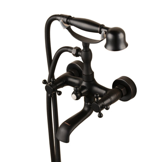 Hiendure® wall-mount two handle bathtub faucet with hand shower in rubbed oil bronze finish.
