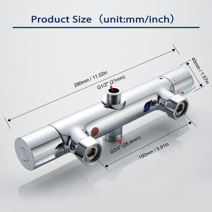 AIMOYO thermostatic shower mixer, round shower faucet with 2 outlets, chrome-plated shower thermostat replacement parts, top 3/4" BSP + bottom 1/2" BSP, shower valve with 38 °C safety button.
