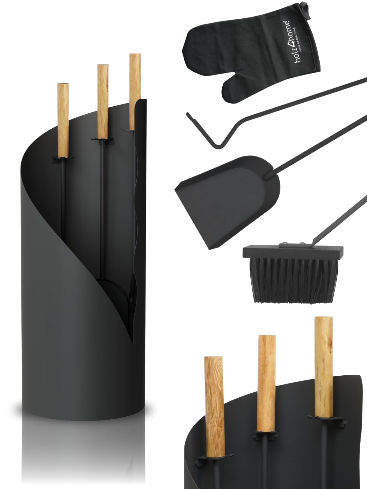 wood4home® fireplace tool set 5 pieces. Gray-black with wooden handle including oven glove I fireplace set fireplace tool set anthracite stove tool poker brush ash shovel