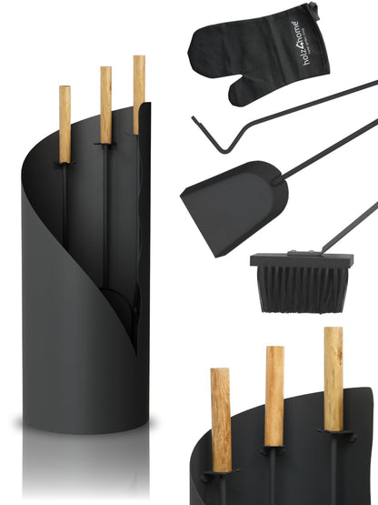 wood4home® fireplace tool set 5 pieces. Gray-black with wooden handle including oven glove I fireplace set fireplace tool set anthracite stove tool poker brush ash shovel