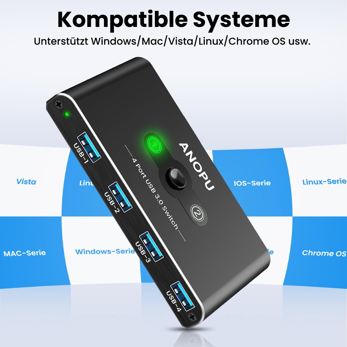 Aluminum USB KVM 3.0 Switch - 2 inputs 4 outputs with 2 high-speed cables - for 4 USB devices like mouse, keyboard, printer, hard drive, flash drive, headsets.
