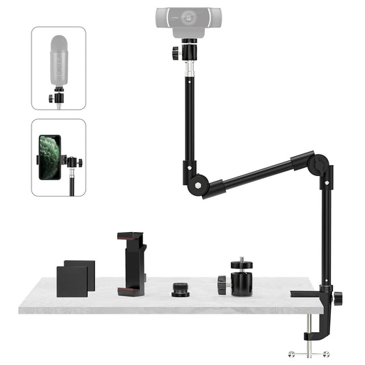 KDD Webcam Mount Camera Stand 55.1cm, with Phone Holder & 5/8" Screw, Light Stand Clamp 360° Gooseneck for Logitech C922 C930e C920 C925e C615 Brio 4K, GoPro Hero Blue Yeti