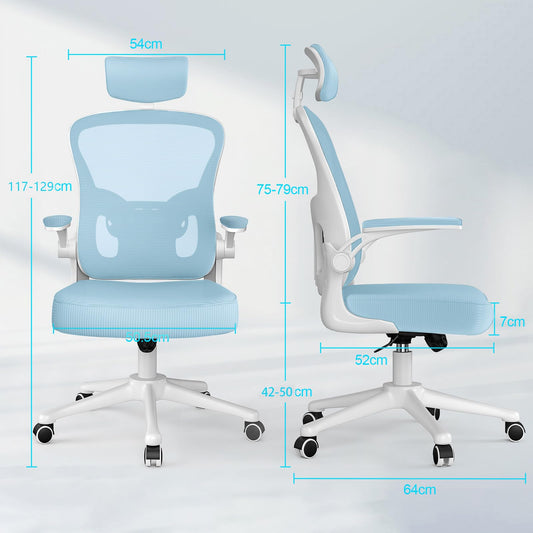 Naspaluro Ergonomic Office Chair with Breathable Mesh Backrest, Desk Chair with Adjustable Armrests, Headrest, Lumbar Support, Backrest, Height Adjustment, 360° Swivel Chair, Blue