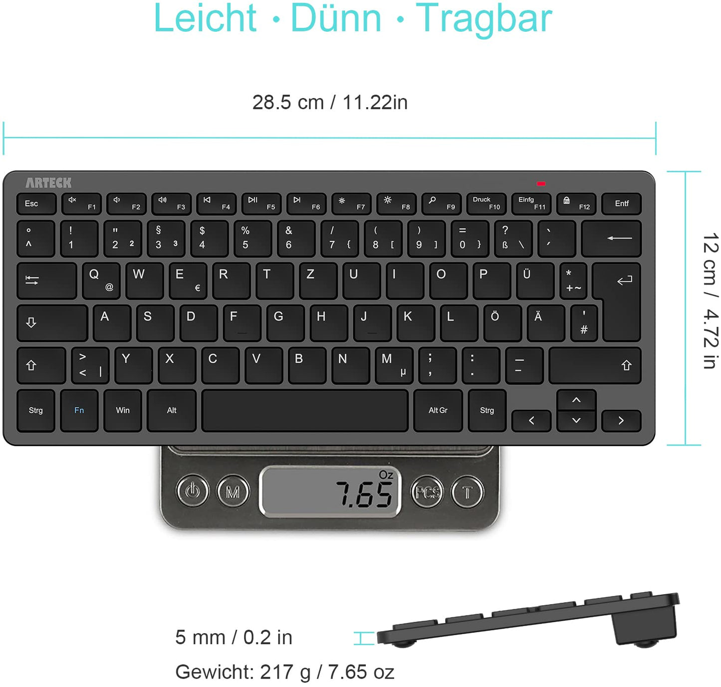 Arteck Wireless Keyboard, German QWERTZ Layout Compact USB 2.4 GHz Mini Wireless Keyboard with Multimedia Keys, Compatible with PC, Notebook, Laptop, Windows 11, 10, 8 Black.