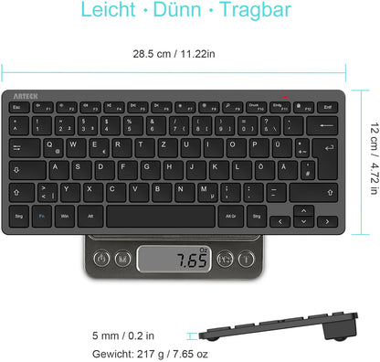 Arteck Wireless Keyboard, German QWERTZ Layout Compact USB 2.4 GHz Mini Wireless Keyboard with Multimedia Keys, Compatible with PC, Notebook, Laptop, Windows 11, 10, 8 Black.