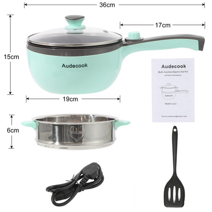 Audecook Electric Hot Pot with Steamer, 1.5L/20cm Electric Frying Pan Hotpot Pot Nonstick Mini Electric Skillet, Multi-cooker for Dorm Ramen, Steak (A (green/1.5L with Steamer))