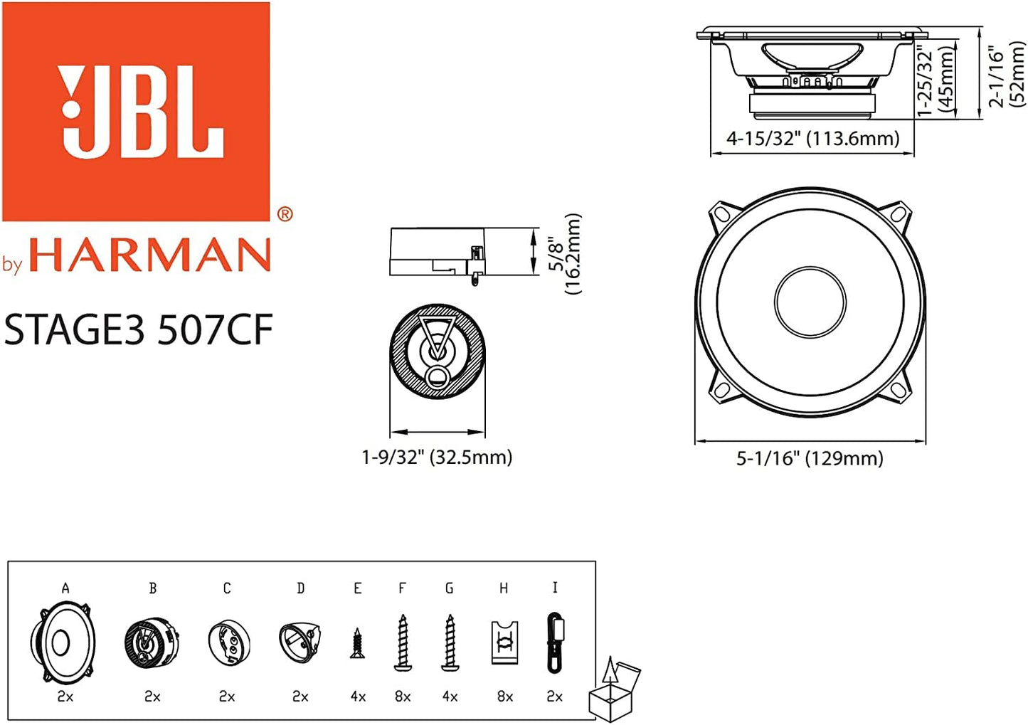 JBL Speaker Car Stage3 507CF - 135 Watt 2-Way Component Car Speaker Set by Harman Kardon - 13cm / 130mm / 5" Speakers without grille and 3.25cm tweeter, Black
