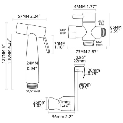 Tecmolog Bidet Sprayer Set with 3-way diverter valve, 3/8"-12/17 hose, and drill-free shower head holder in brushed nickel, WS024F8