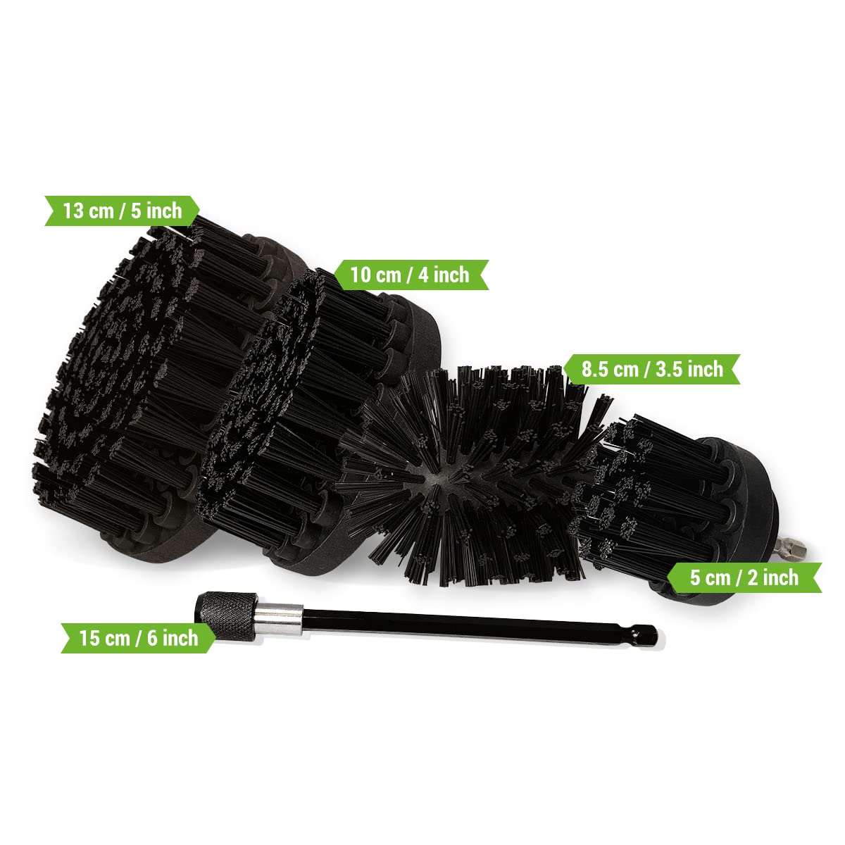 Kornely Premium Drill Brush Professional - Ultra Hard 5 Piece Set (13/10/8.5/5cm Brushes + 15cm Extension) | Scratch-Free Cleaning Brush for Concrete, Grill, Stone, Brick, Exterior Tiles