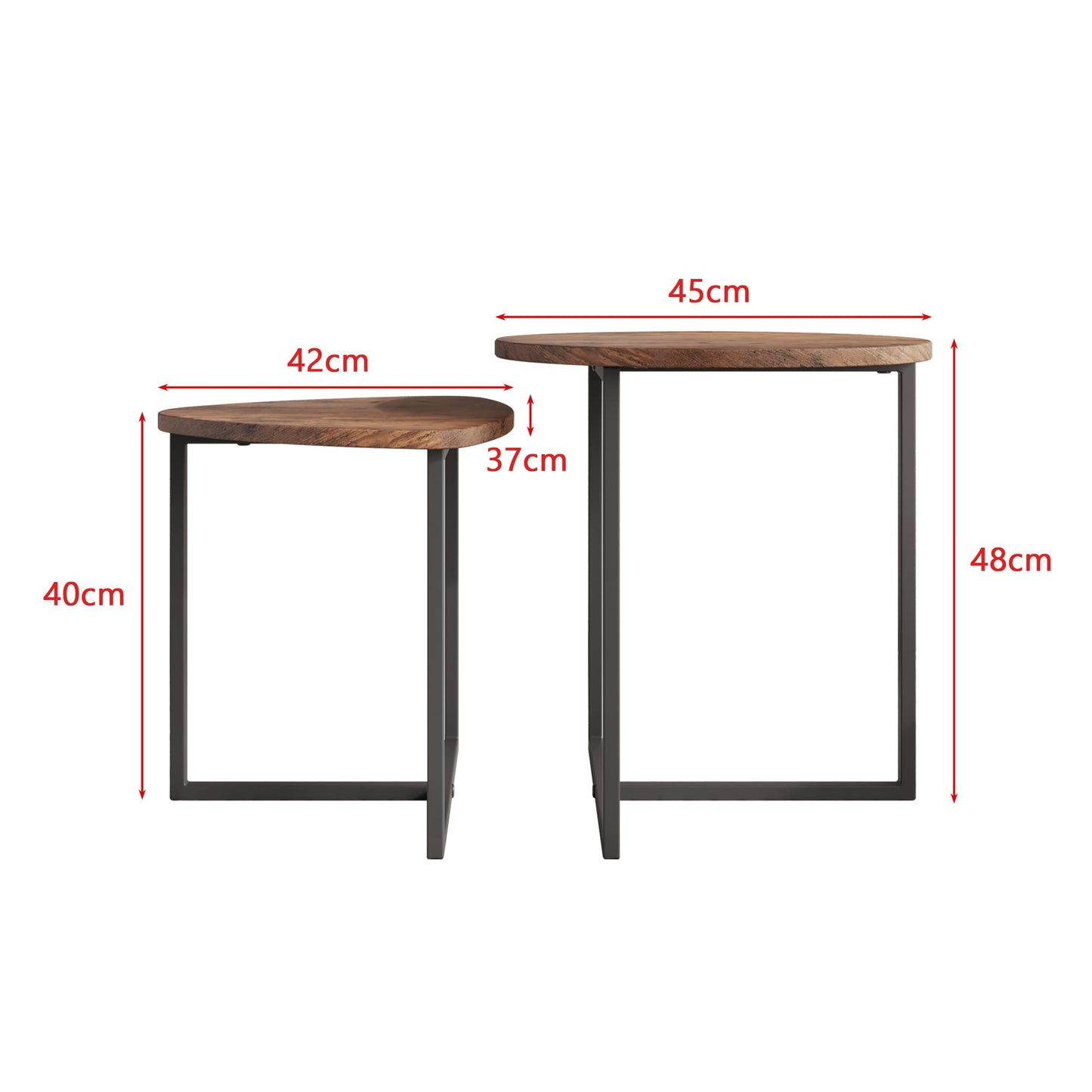 Round coffee table set of 2, side table set, sofa table, coffee table, metal base and heart-shaped wooden tabletop, industrial design, living room table, modern, black + brown.