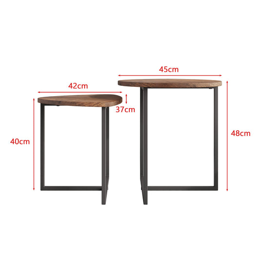 Round coffee table set of 2, side table set, sofa table, coffee table, metal base and heart-shaped wooden tabletop, industrial design, living room table, modern, black + brown.