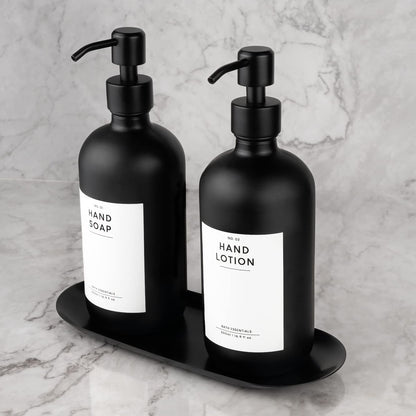 MONOKO 2-Piece Set Soap Dispenser Matte Black Glass with Tray | 500ml Kitchen Dish Soap Dispenser | Refillable Bottles | Stainless Steel Pump Head | Pump Bottle + Sticker