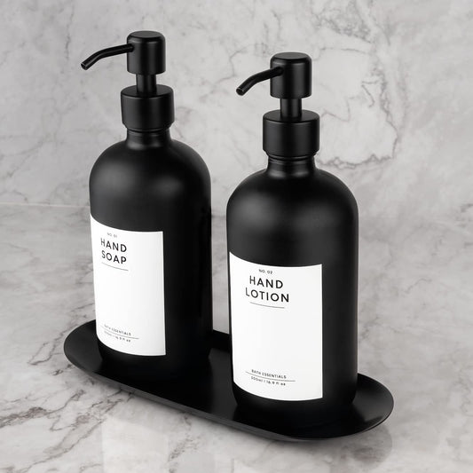 MONOKO 2-Piece Set Soap Dispenser Matte Black Glass with Tray | 500ml Kitchen Dish Soap Dispenser | Refillable Bottles | Stainless Steel Pump Head | Pump Bottle + Sticker