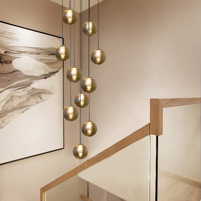 CBJKTX pendant light staircase pendant lamp height adjustable - modern dining table pendant light 10-flame hanging lamp smoke grey made of glass 200CM dining table lamp for living room dining room kitchen hallway staircase