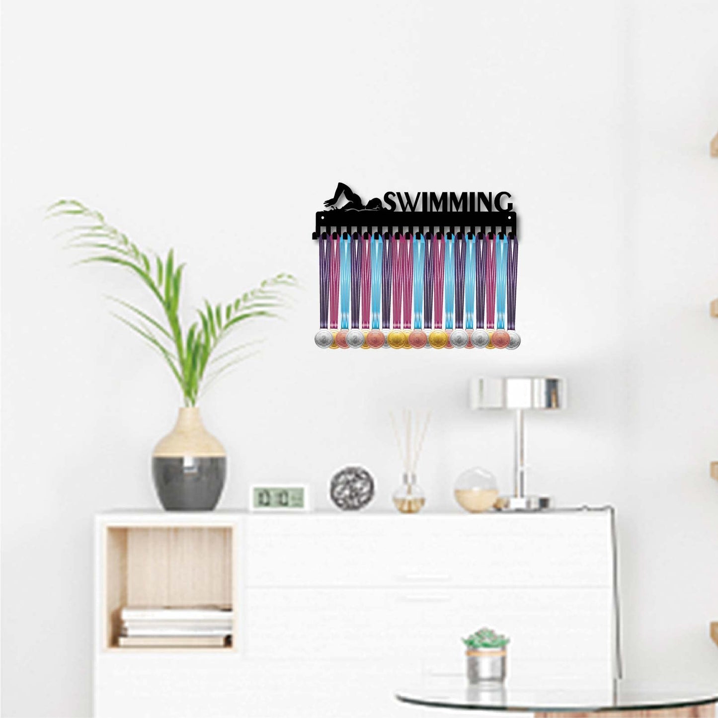 CREATCABIN Medal Holder Display Hanger Rack for Sports like Swimming, with 20 Hooks for Race Runner, Gymnast, Turner. Holds over 60 Medals, Black, 15.7 x 4.4 inches.