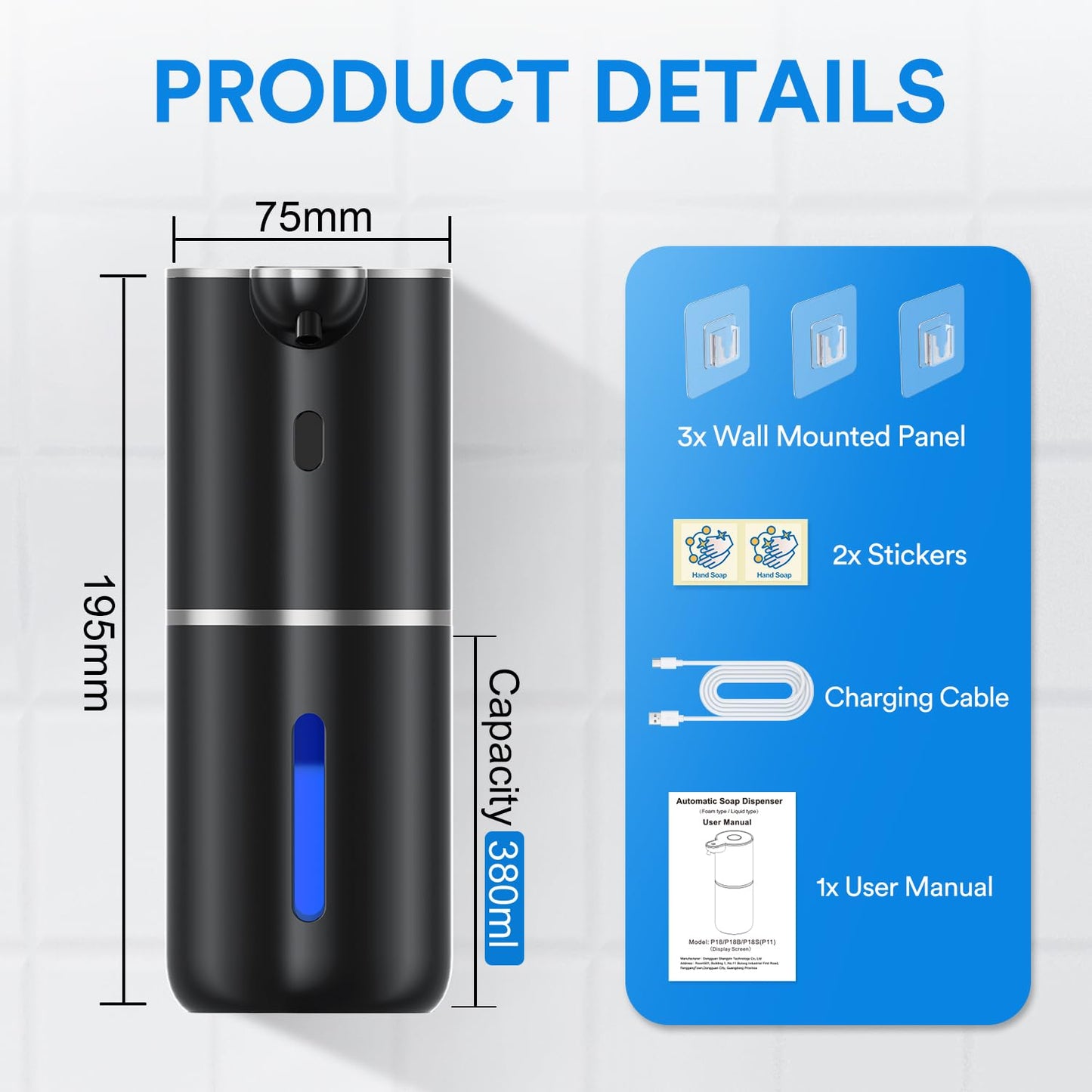 Amyzavls Automatic Soap Dispenser with Digital Display, Touchless 380ml Soap Dispenser Wall Mount with Sensor, USB Rechargeable for Bathroom, Kitchen
