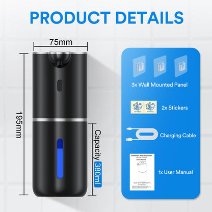 Amyzavls Automatic Soap Dispenser with Digital Display, Touchless 380ml Soap Dispenser Wall Mount with Sensor, USB Rechargeable for Bathroom, Kitchen