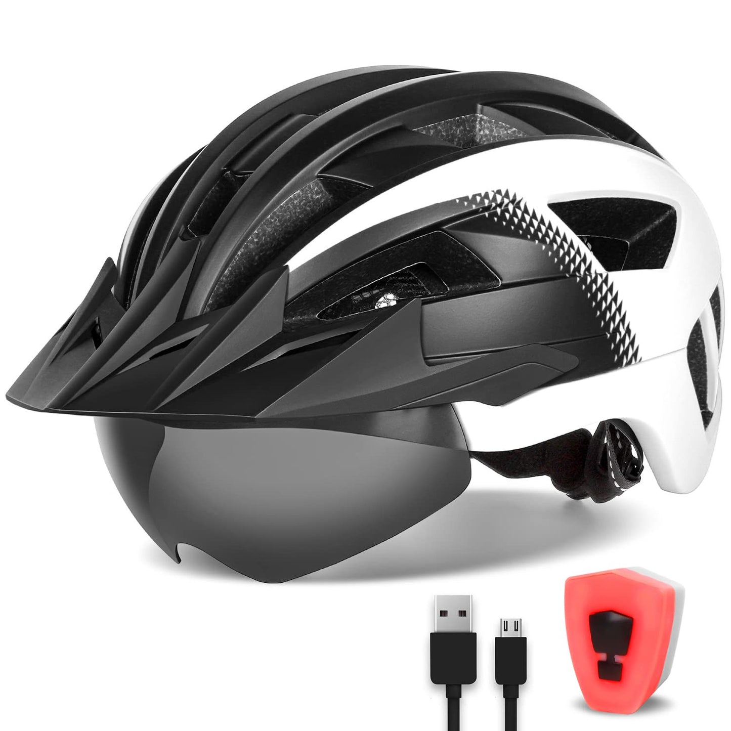 FUNWICT Bike Helmet with Visor for Men Women, Lightweight Bicycle Helmet with Magnetic Goggles and USB Rechargeable LED Light, Stylish Mountain Bike Helmet Size M/L/XL (XL: 59-63 cm, Black White)
