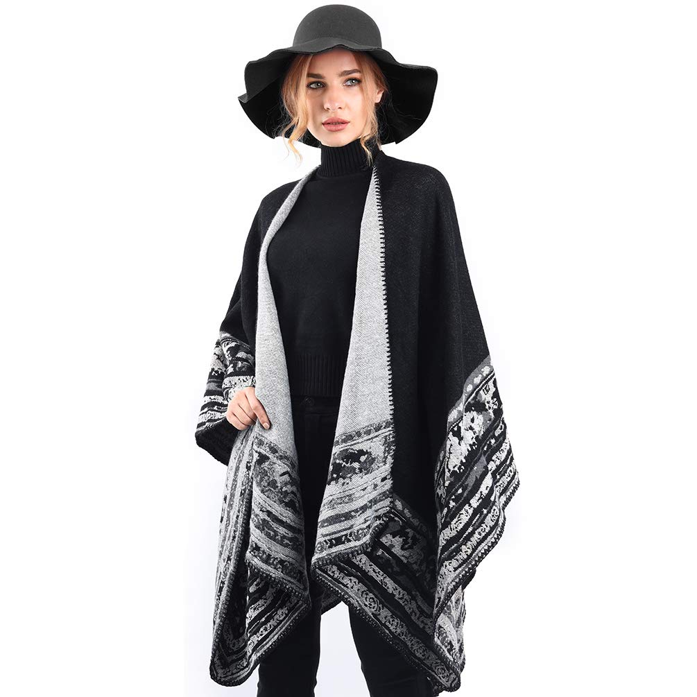 Winter Warm Poncho Scarf Wrap - Autumn Open Front Cape Windproof Knit Wool Coat Blanket Cape Scarf Oversized Winter Blanket Reversible Scarf Thick Cardigan Coat for Women Girls Festive Gifts
