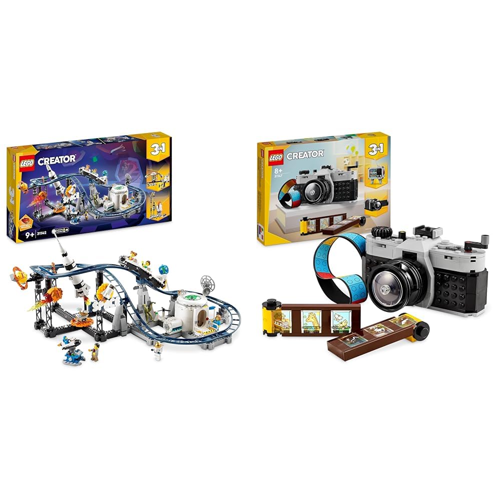 LEGO Creator 3-in-1 Space Roller Coaster, building set of a toy fairground with functioning cars & Creator 3in1 Retro Camera toy with 3 models for girls and boys.