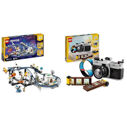 LEGO Creator 3-in-1 Space Roller Coaster, building set of a toy fairground with functioning cars & Creator 3in1 Retro Camera toy with 3 models for girls and boys.