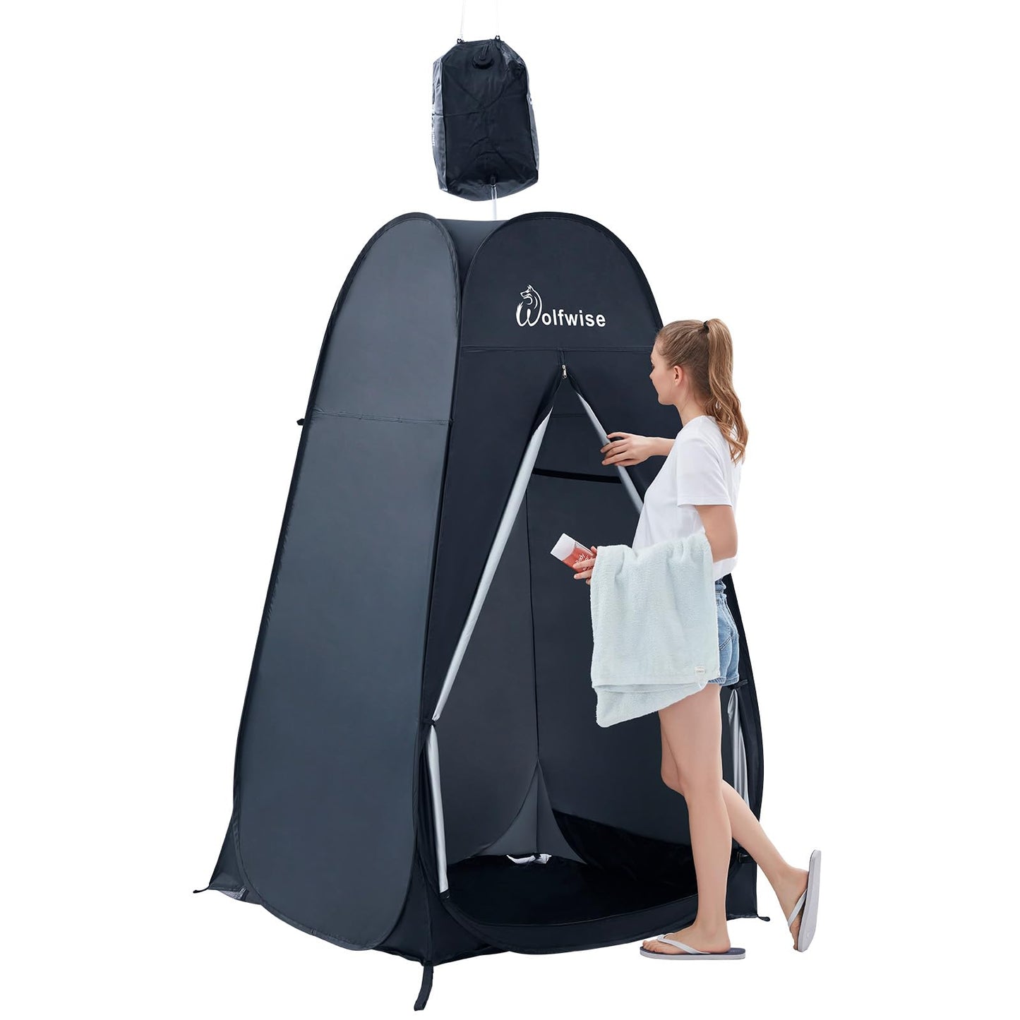 WolfWise Pop-Up Shower Tent, Large Toilet Tent, Changing Room, Portable Camping Shower Cabin WC Tent Mobile Changing Room Outdoor Privacy Tent Spacious Private Tent for Hiking Beach Black