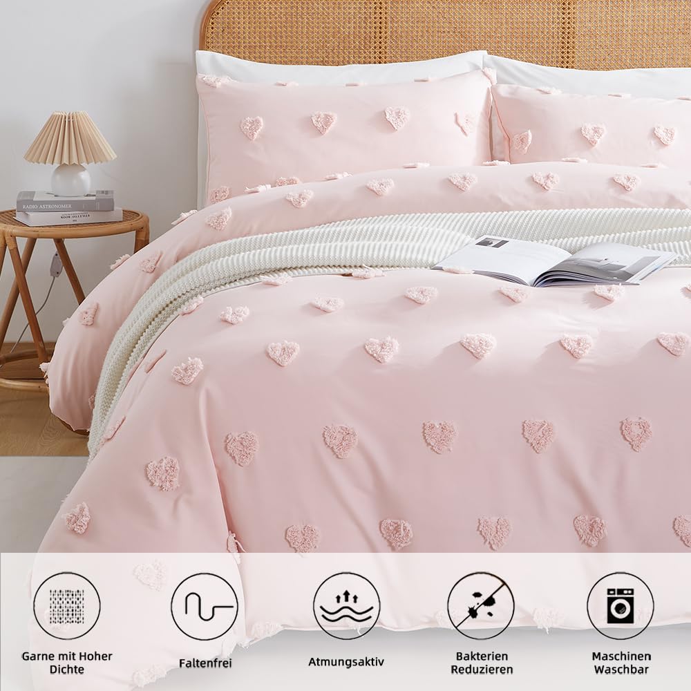 Freyamy Bohemian bedding set 135x200cm 2-piece Pink Tufted Heart Boho bedding Embroidery Shabby Chic bedding sets Microfiber Soft duvet cover with zipper and pillowcase 80x80cm