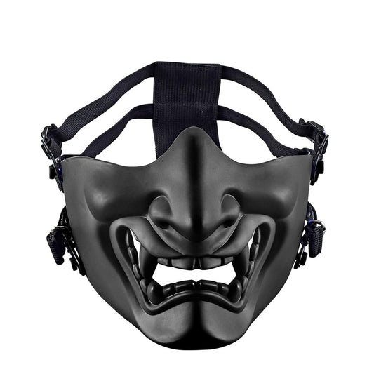 AOUTACC Airsoft Half Face Masks, Evil Demon Monster Kabuki Samurai Hannya Oni Half Face Protective Masks Masquerade Ball, Party, Halloween, Cs War Game (Adjustable Strap Black)