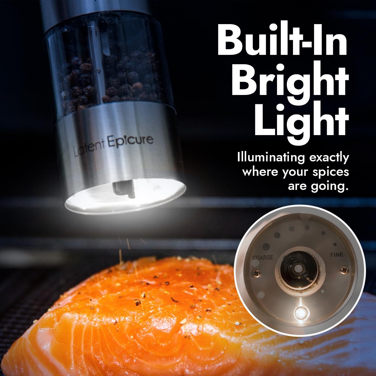 Salt and pepper mill set of 2 | Battery operated | LED light | Adjustable fineness | Includes FREE stand - by Latent Epicure