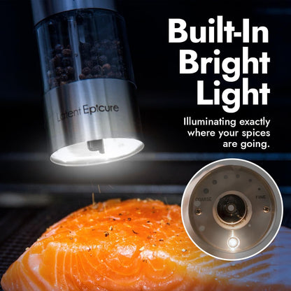Salt and pepper mill set of 2 | Battery operated | LED light | Adjustable fineness | Includes FREE stand - by Latent Epicure