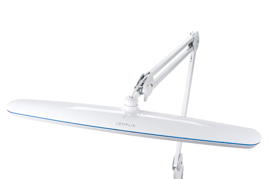 SEMPLIX LED work light in white: (117 PCS LED, 4-level dimmable) Comes with table stand base and clamp, adjustable lamp arm in height.