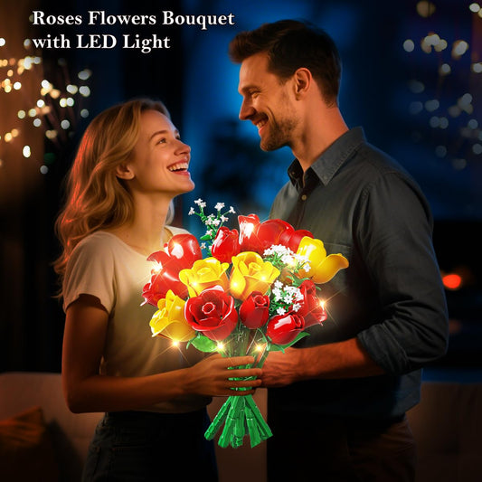 HOGOKIDS Flower Bouquet Building Kit with Lights - 16 bouquet botanical building blocks artificial red roses flowers for home decoration Mother's Day birthday gifts for girls adults - 387 pieces (YELLOW)