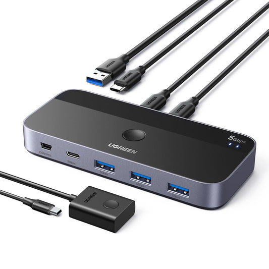 UGREEN USB C Switch 2PC USB Switch 3.0 with 1xUSB C Port and 3xUSB A Ports, 2 In 4 Out USB-C Switch USB Switch Aluminum Case with 2 USB-C to A/C cables for keyboard, mouse, printer, USB stick, etc.