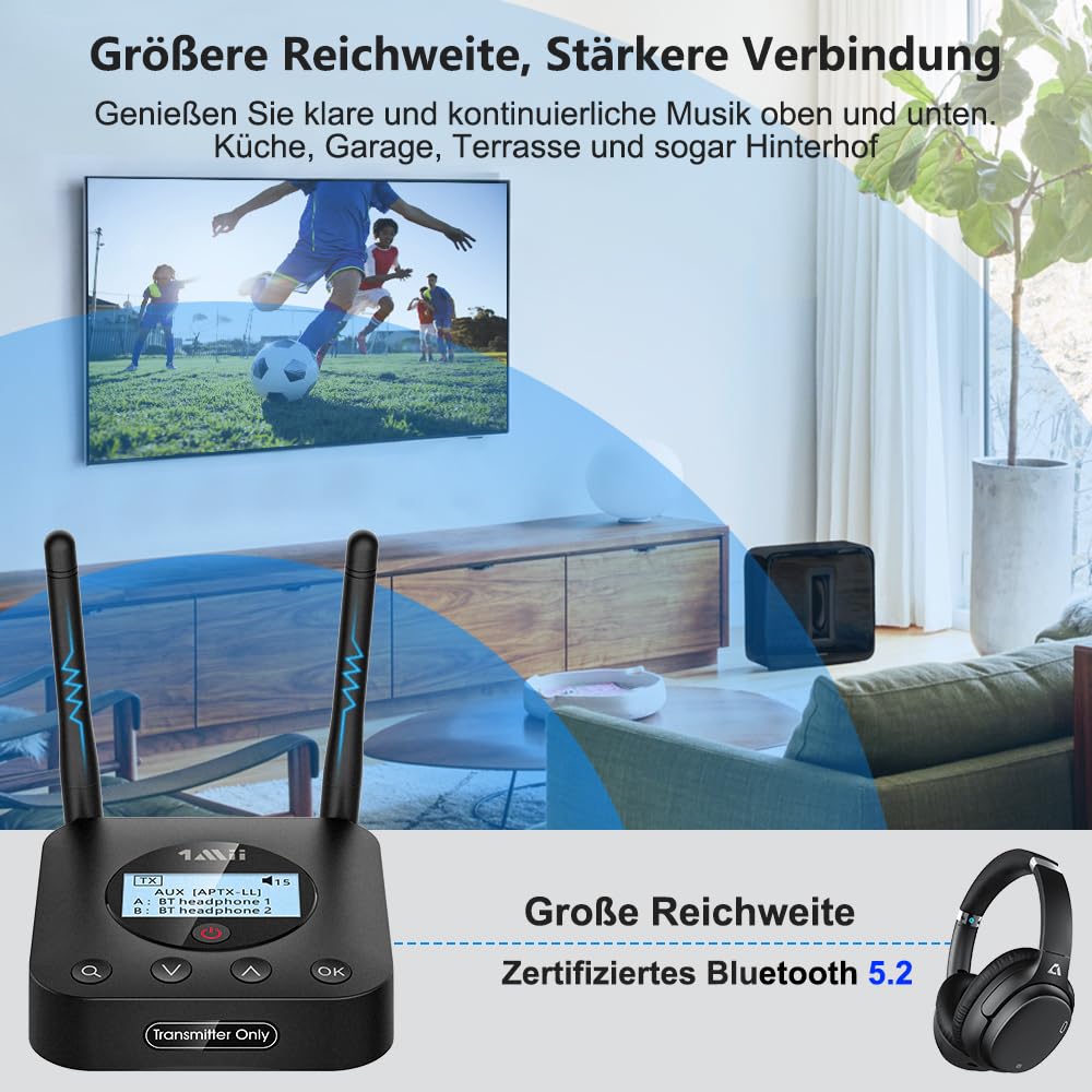 1Mii B06TX+ Bluetooth 5.2 transmitter with a long range, aptX HD & low latency wireless audio sender with screen display for TV/PC/projector to connect to 2 Bluetooth headphones/speakers.