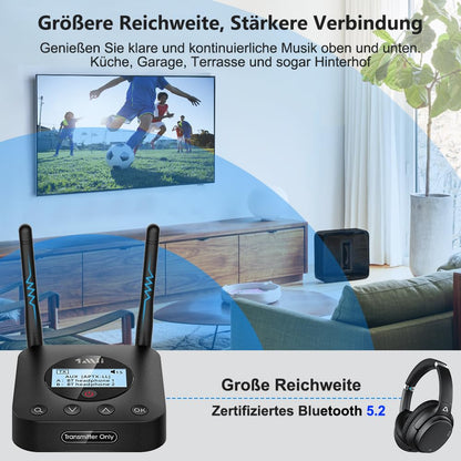 1Mii B06TX+ Bluetooth 5.2 transmitter with a long range, aptX HD & low latency wireless audio sender with screen display for TV/PC/projector to connect to 2 Bluetooth headphones/speakers.