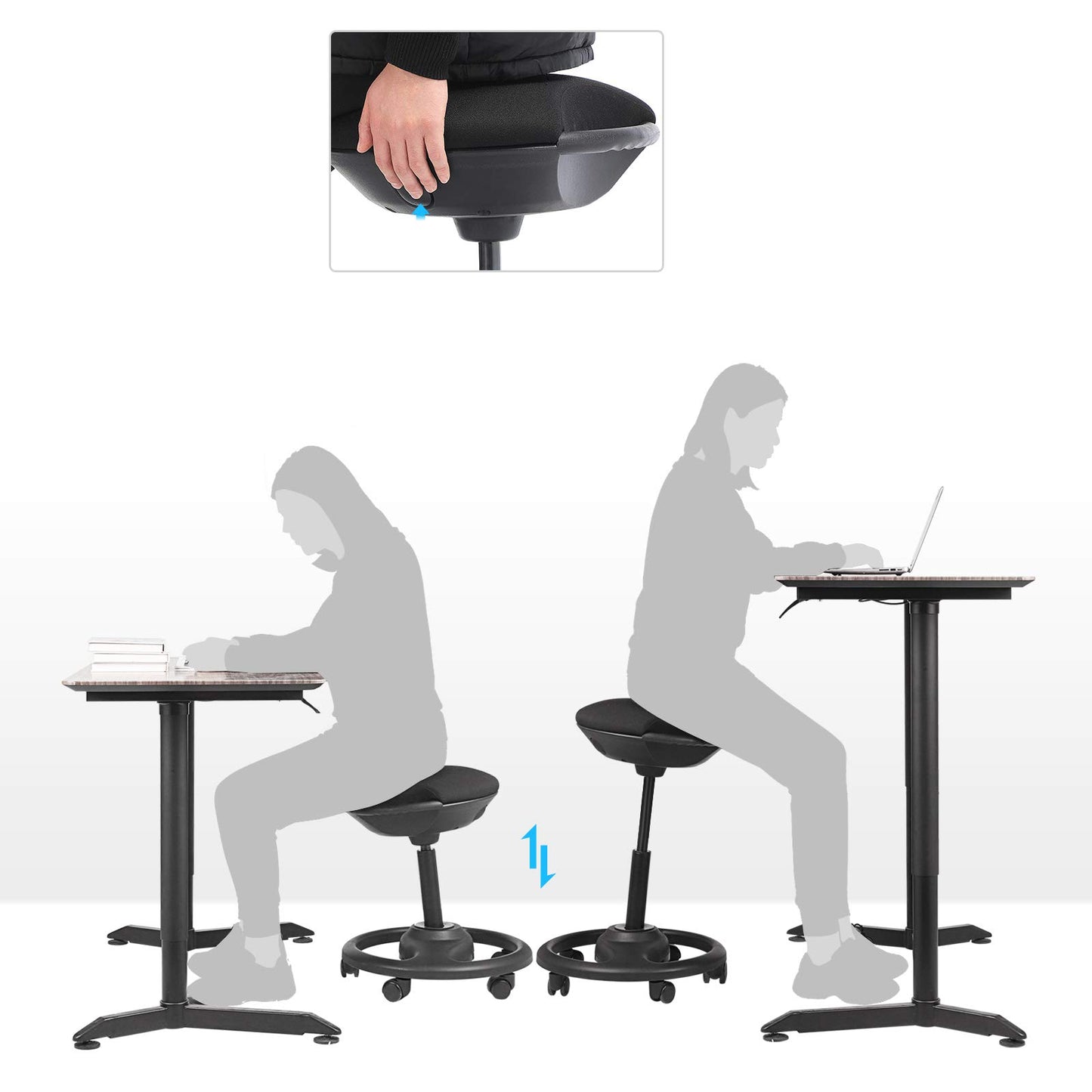 SONGMICS Dynamic Work Stool, ergonomic swivel chair with wheels, extra wide seat, 10° tilt, height adjustable, thick padding, black OSC06BK.