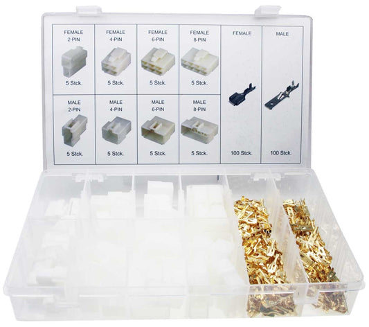Flat blade terminals, flat plugs, press cable shoe assortment with housing/socket housing (2-pin to 8-pin 240 pcs. (in reusable storage box/assortment box/sorting box)