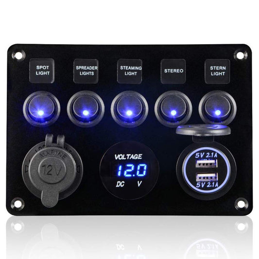 5-speed switch panel, 12V/24V toggle switch panel IP65 waterproof LED voltmeter dual USB socket charger for car boat marine RV truck camper vehicles (blue)