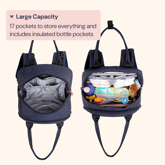BabbleRoo Diaper Bag Backpack - Large Capacity, 17 Pockets, Water-Resistant - with Changing Pad, Removable Pacifier Holder, Stroller Straps - Travel Backpack for Mom & Dad